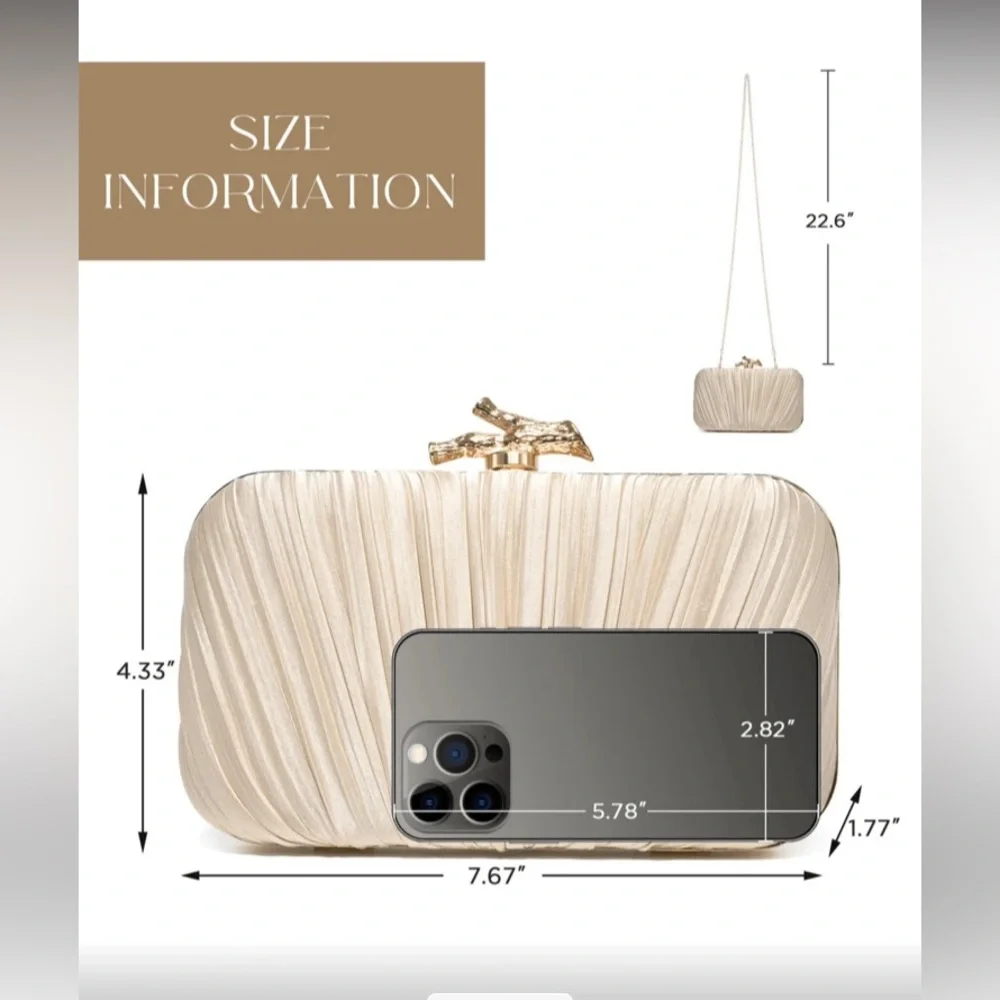 Elegant Cream Satin Pleated Clutch with Gold Accent